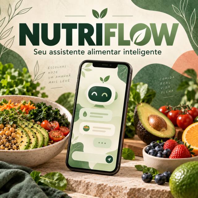 Identidade visual do NutriFlow Basic com logo, celular e alimentos em composição verde